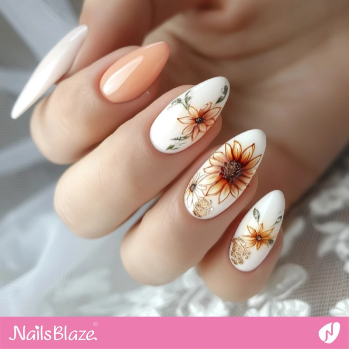 Almond Wedding Nails Design with Sunflowers | Sunflower Nails - NB5285