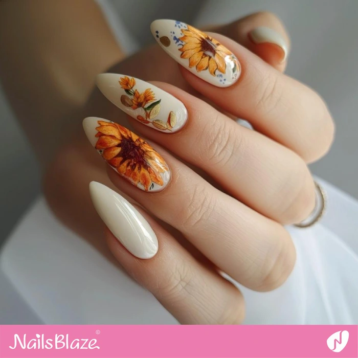 Vintage Wedding Nails Design with Sunflowers | Sunflower Nails - NB5284