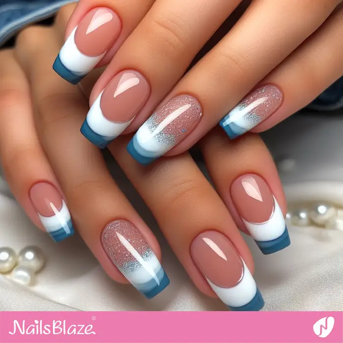 Glossy Nails with Blue Tips | French Manicure - NB3335