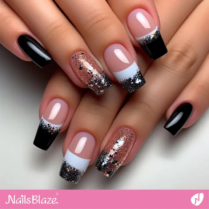 Black French Nails Glitter Design | French Manicure - NB3337