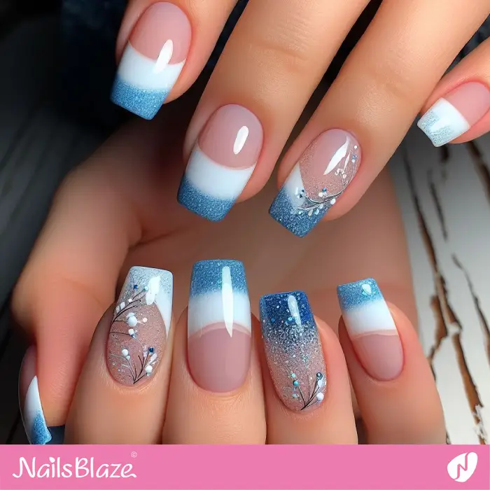 Glitter Blue French Nails with Foliage Design | French Manicure - NB3339