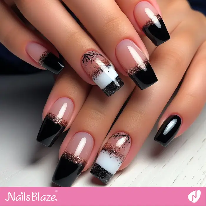 Black French Tips with Gold Glitter Design | French Manicure - NB3340