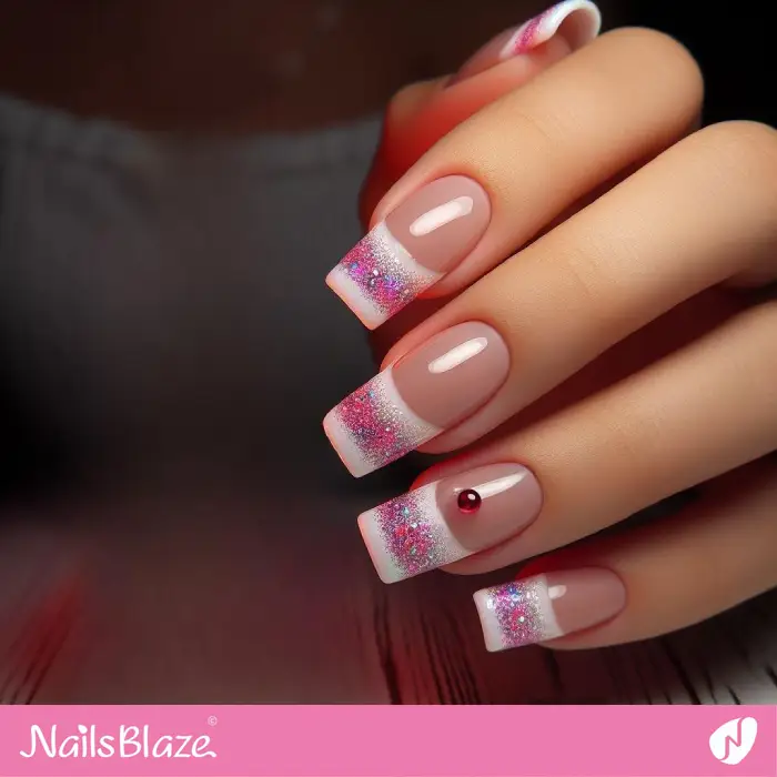 White French Tips with Pink Glitter Design | French Manicure - NB3345