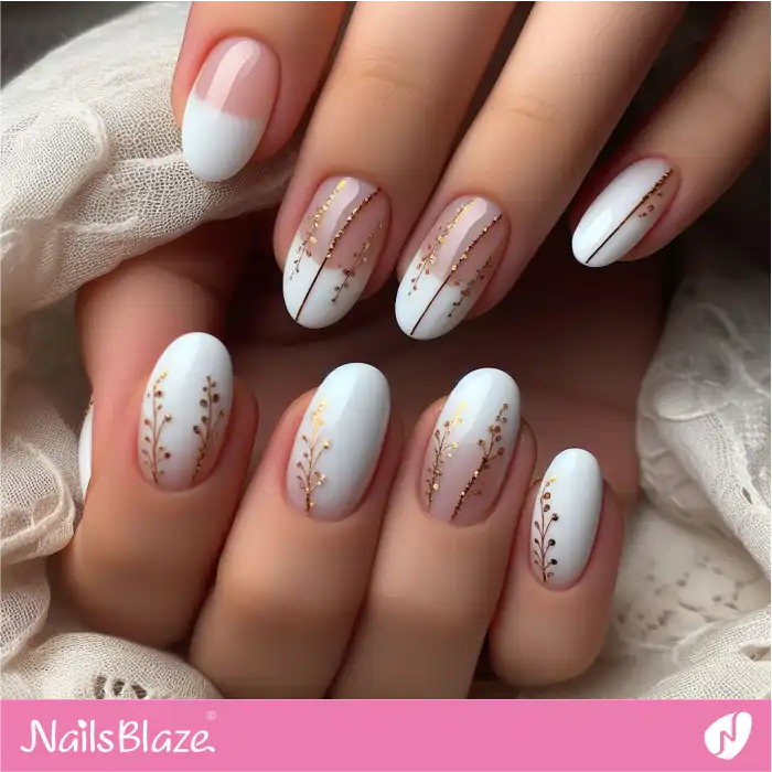 White French Nails with Gold Foliage Design | French Manicure - NB3351