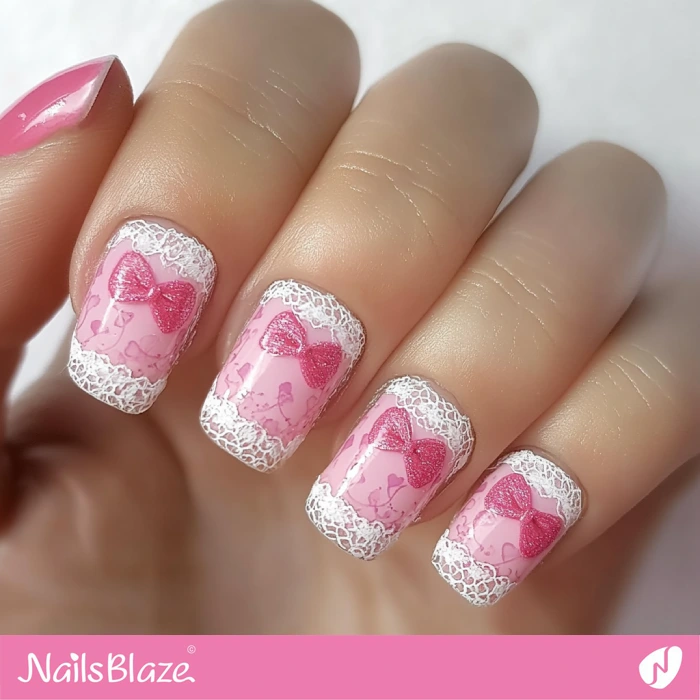 Short Nails with Lace Pattern Tips | French Nails - NB5555