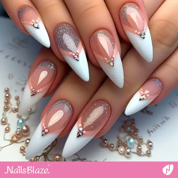 Embellished V-shape French Nails Design | French Manicure - NB3330