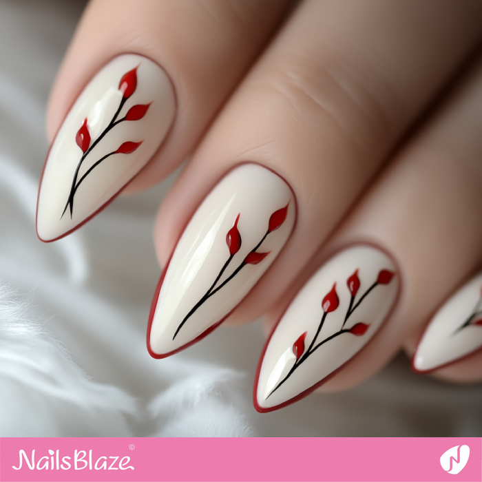 Foliage Design for Almond Micro French Nails | Red Tip Nails- NB7624