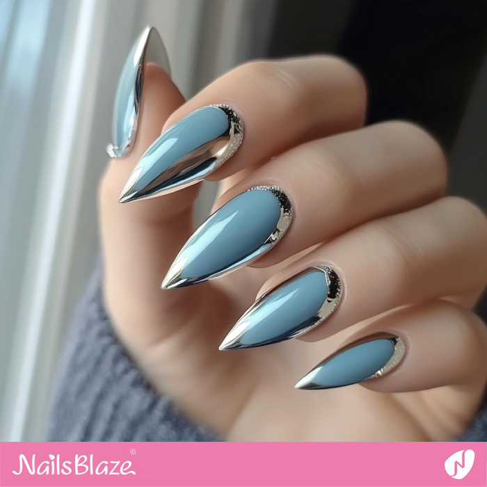 Stiletto Blue Nails French Design | Silver Tip Nails- NB7638