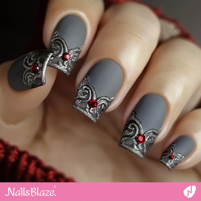 Gray Nails Silver Filigree Tips | Silver Tip Nails- NB7639