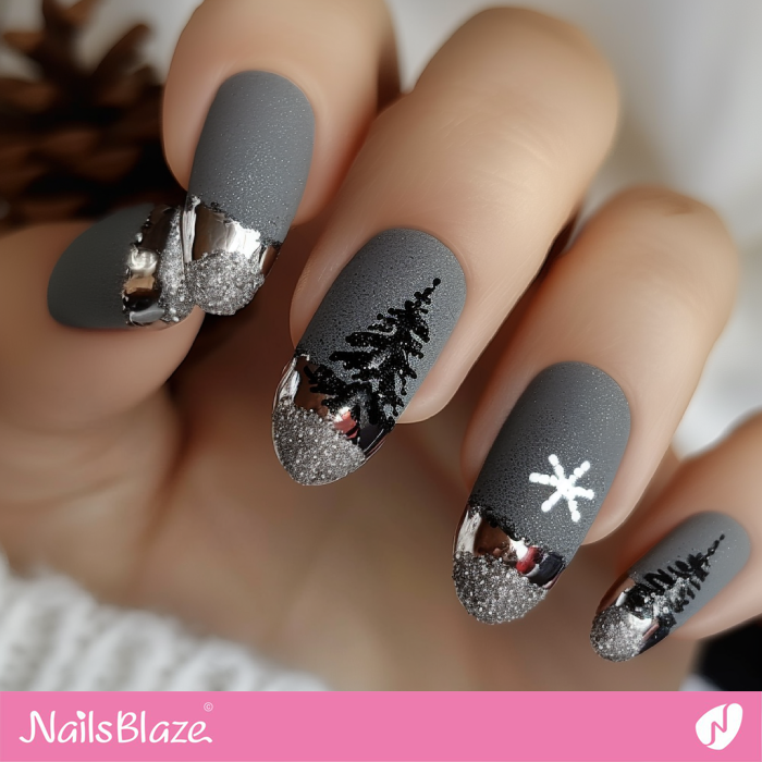 Silver Glitter Tips for Gray Winter Nails | Silver Tip Nails- NB7642