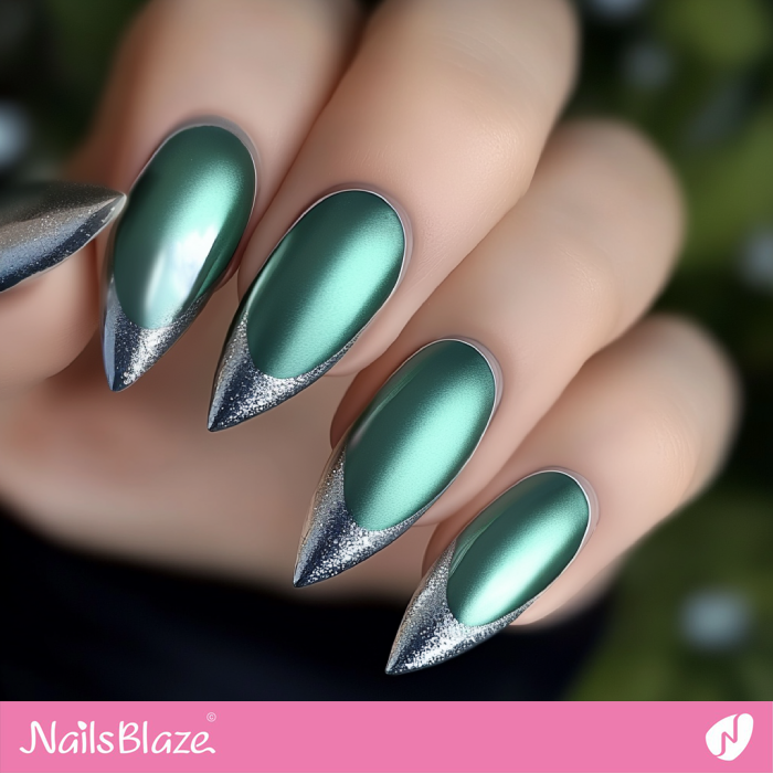 Green Chrome Nails French Manicure Design | Silver Tip Nails- NB7643