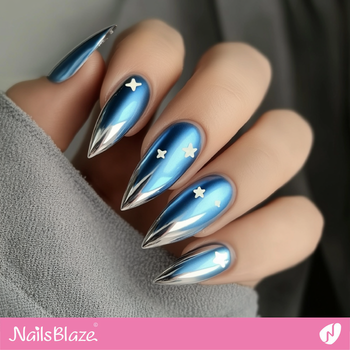 Blue Nails French Manicure Star Design | Silver Tip Nails- NB7644