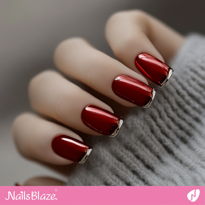 Red Chrome Nails with Silver Tips | Silver Tip Nails- NB7645