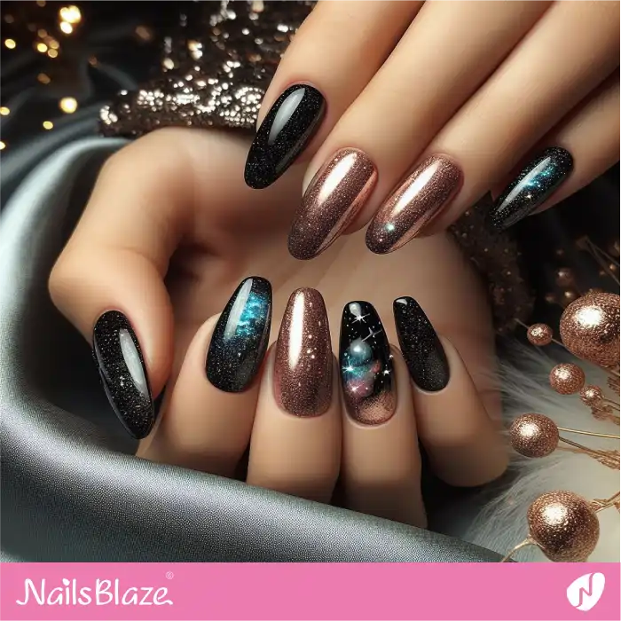 Black and Gold Galaxy Nails Design | Celestial Nails - NB4277