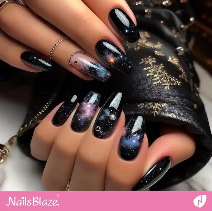 Elegant Black Galaxy Nail Art Design | Celestial Nails - NB4279