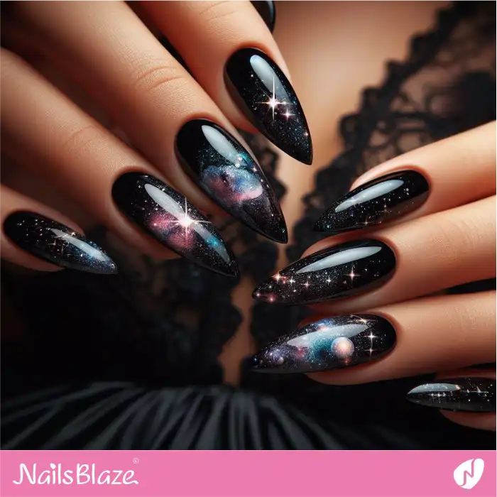 Stiletto Galaxy Nails in Black | Celestial Nails - NB4280