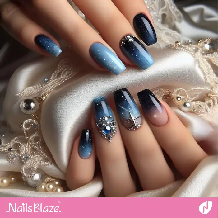 Blue Galaxy Nails with 3D Charms Design | Celestial Nails - NB4281
