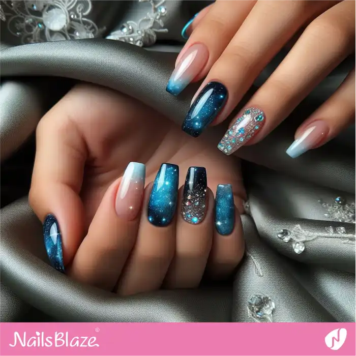 Embellished Blue Galaxy Nails Design | Celestial Nails - NB4282
