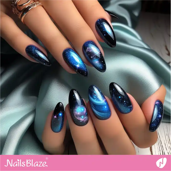Almond Blue Galaxy Nails | Celestial Nails - NB4283