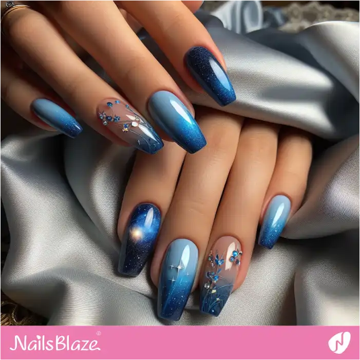 Blue Galaxy Nails with Embellishments | Celestial Nails - NB4287