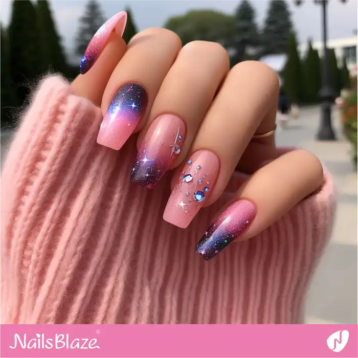 Pink Galaxy Nails with Rhinestones | Celestial Nails - NB4298