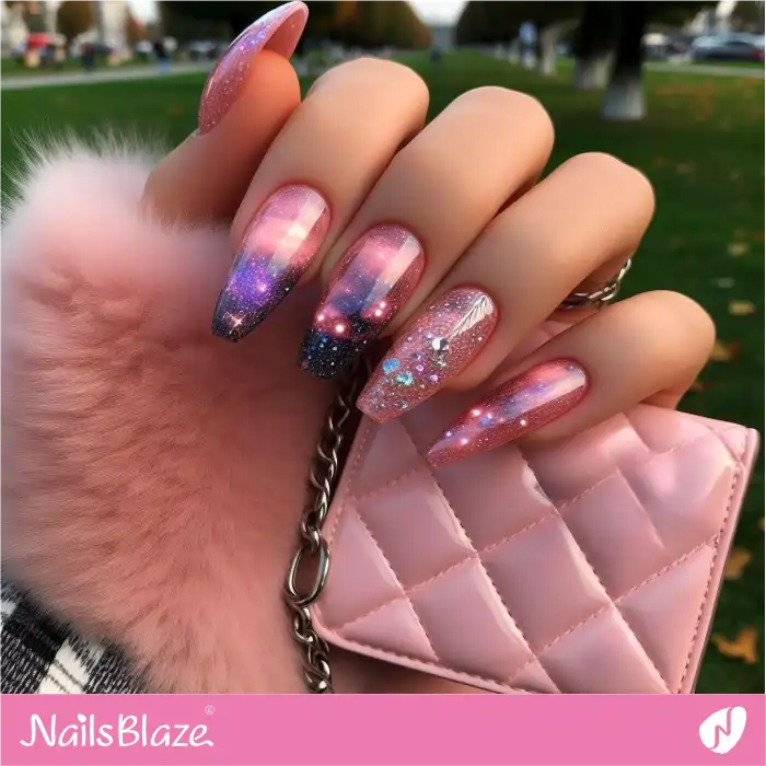 Embellished Pink Galaxy Nails | Celestial Nails - NB4301
