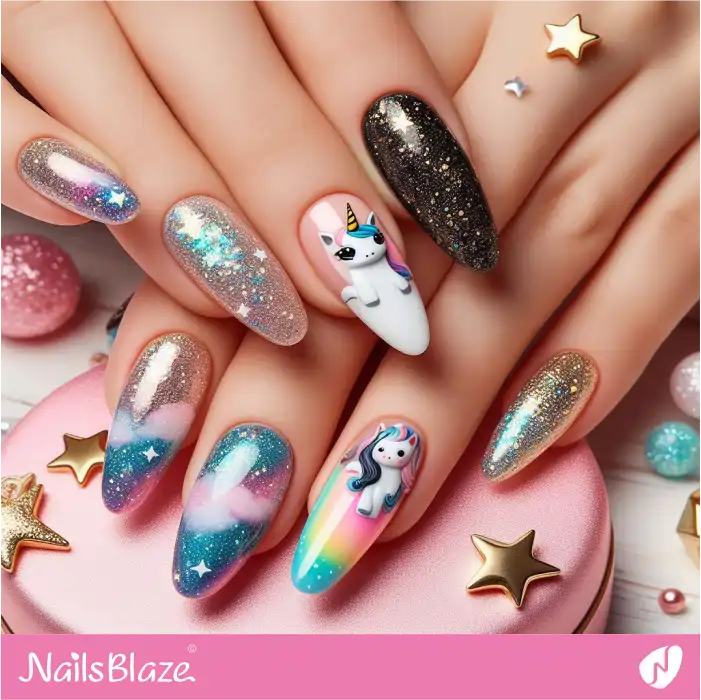 Galaxy Glitter Nails with Unicorn | Celestial Nails - NB4311