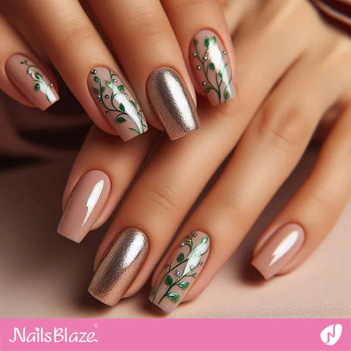 Nude Nails with Garden Leaves Design | Spring Nails - NB4187