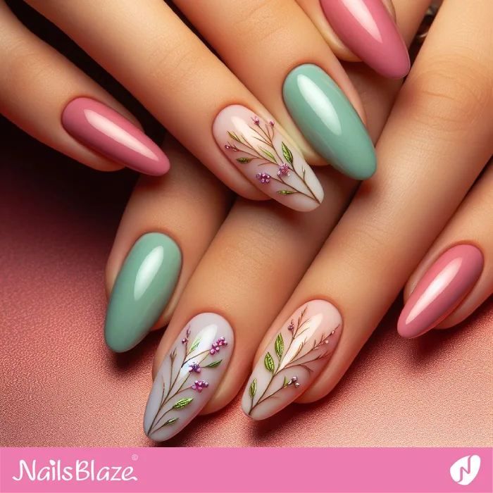 Pink and Green Simple Garden Nails Design | Spring Nails - NB4178