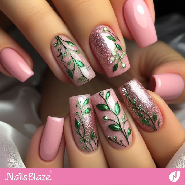 Pale Pink Garden Nails with Shimmer Design | Spring Nails - NB4179