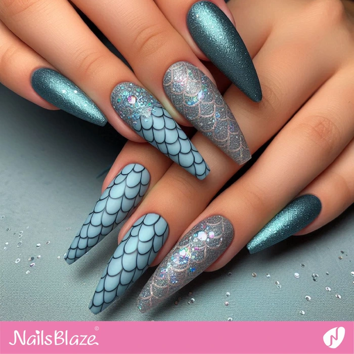 Glitter Design for Blue Mermaid Scale Nails | Glitter Nails - NB4965