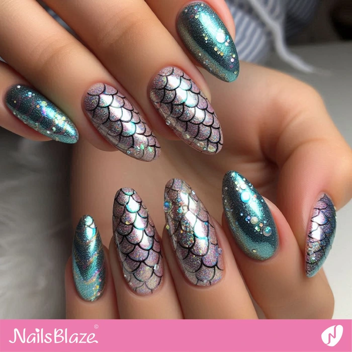 Pink and Blue Mermaid Glitter Nails Design | Glitter Nails - NB4968