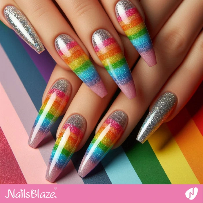 Striped Rainbow Glitter Nails Design | Glitter Nails - NB4978