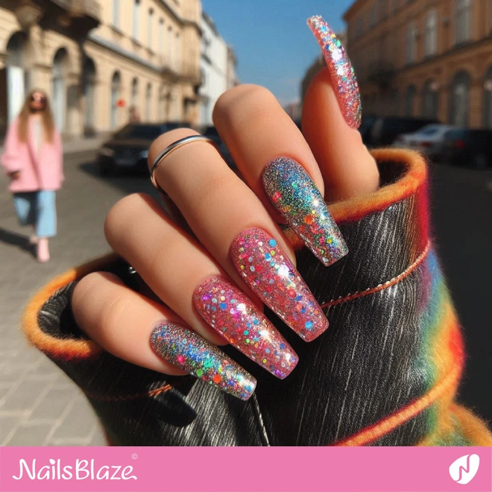 Rainbow Glitter and Confetti Nails | Glitter Nails - NB4980