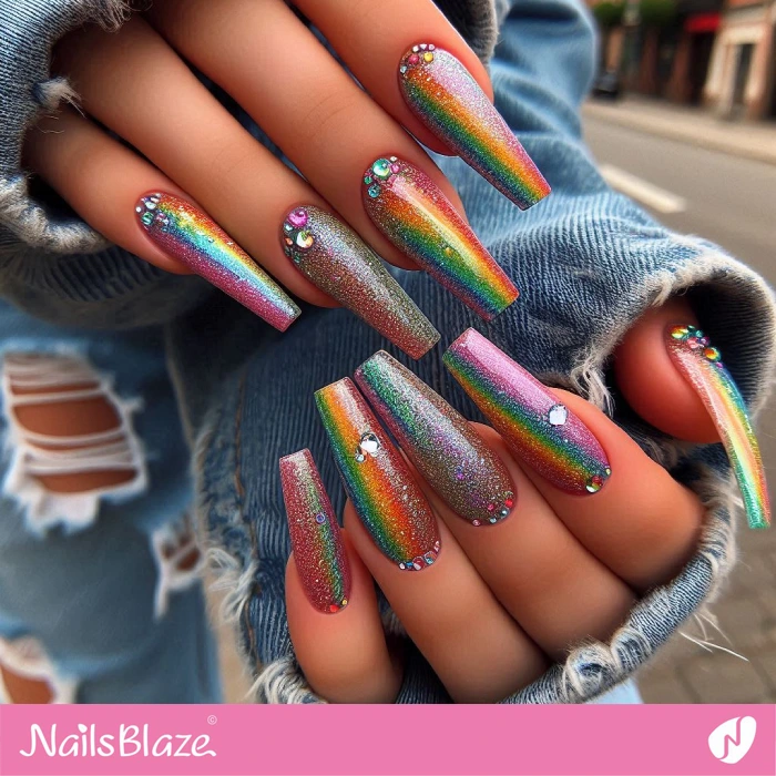 Rainbow Glitter Nails with Rhinestones | Glitter Nails - NB4981