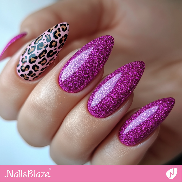 Pink Glitter Nails with Leopard Print Accent | Pink Glitter Nails- NB7649