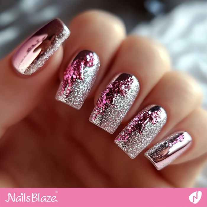 Pink Glitter Design for Silver Nails | Pink Glitter Nails- NB7650