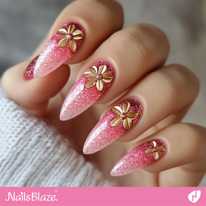 Flower Design for Pink Nails | Pink Glitter Nails- NB7651