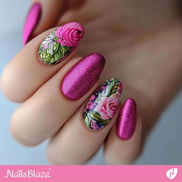 Rose Nails Pink Glitter Design | Pink Glitter Nails- NB7655