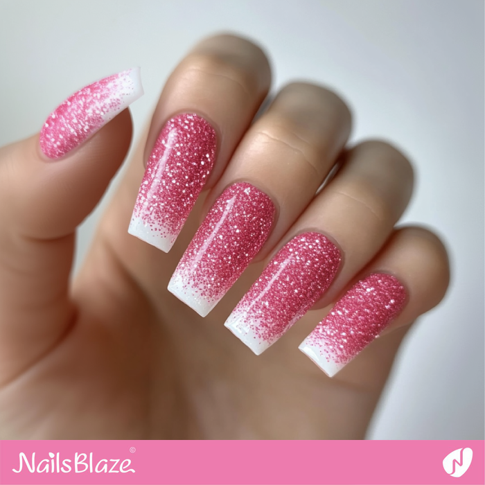 Coffin Glitter Nails with White Tips | Pink Glitter Nails- NB7658