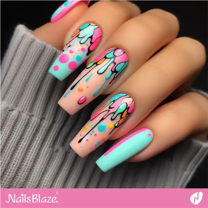 Pink and Blue Pastel Neon Drips Nail Design | Graffiti Nails - NB2908