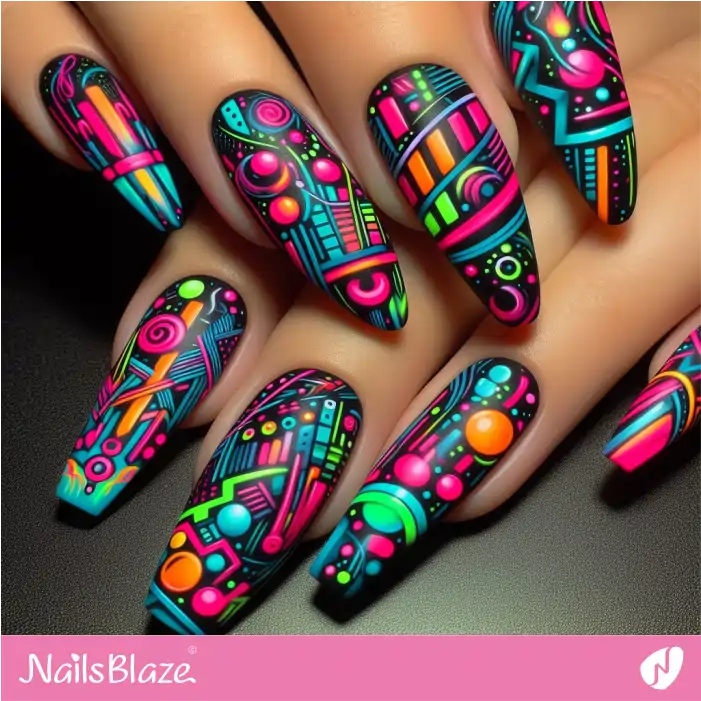 Black Nails wih Neon Graffiti Design | Graffiti Nails - NB2920