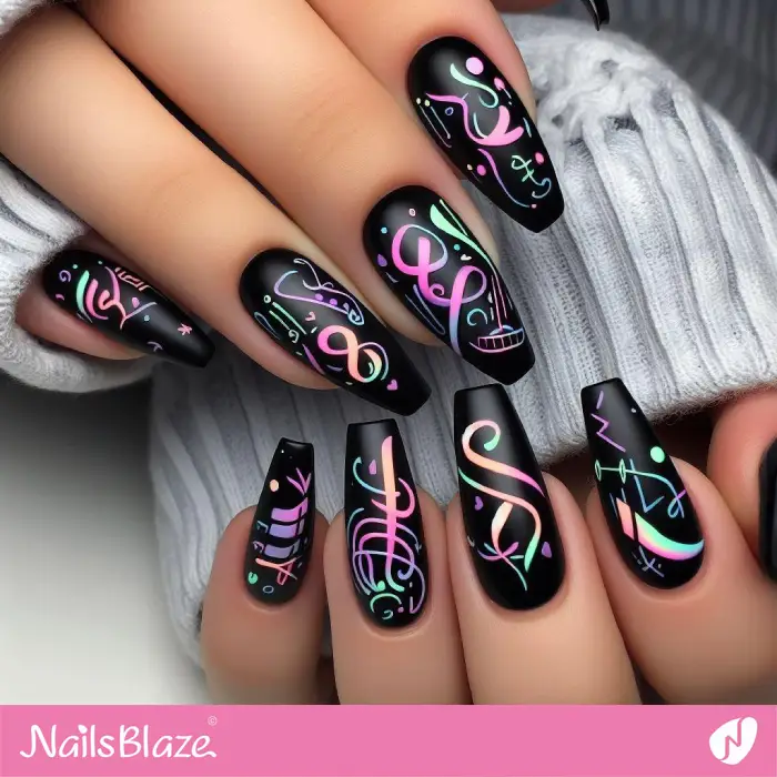 Black Nails with Pastel Neon Calligraffiti Design | Graffiti Nails - NB2903