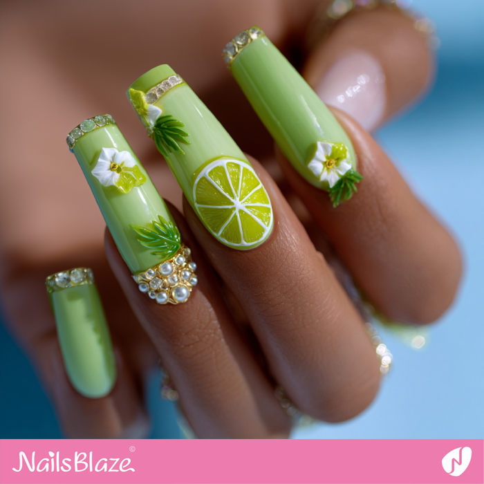 Long Lime Green Nails with 3D Charms | Lime Green Nails- NB8302
