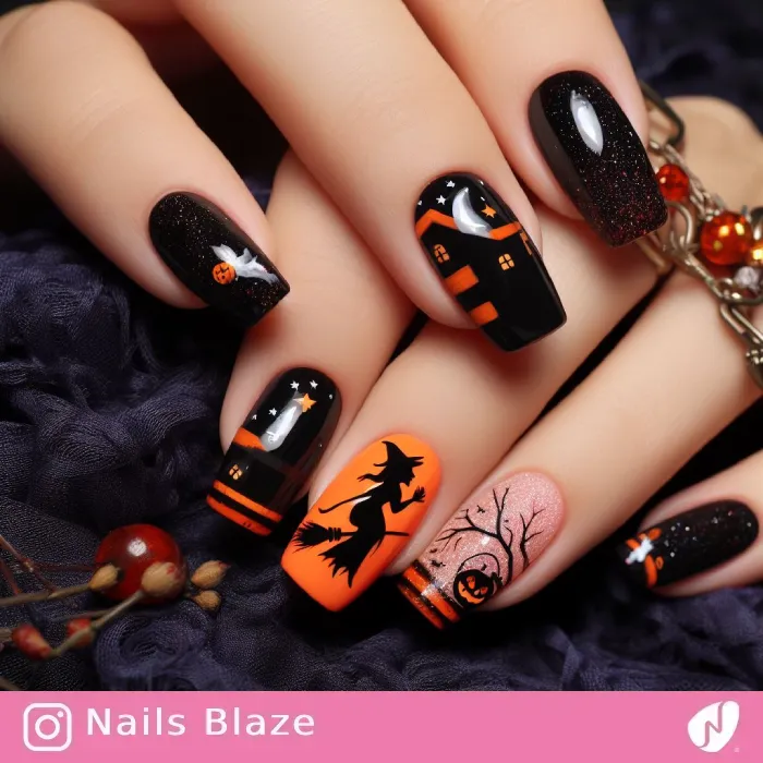 Witch on Broom Nails | Halloween - NB516