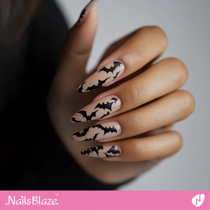 Silhouette Bat Design for Russian Almond Nails | Bat Halloween Nails - NB5775