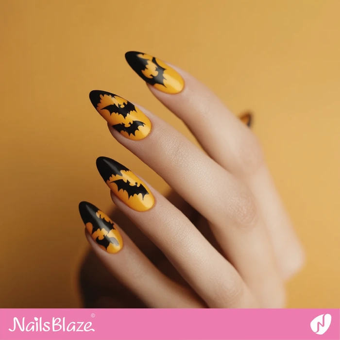 Yellow Nails with Bat Design for Halloween | Bat Halloween Nails - NB5776