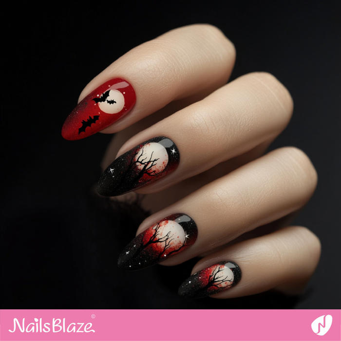 Full Moon and Bat Nail Design | Bat Halloween Nails - NB5985