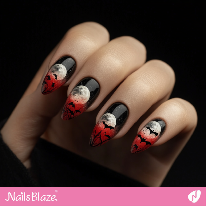 Ombre Full Moon Nails with Bats | Bat Halloween Nails - NB5987