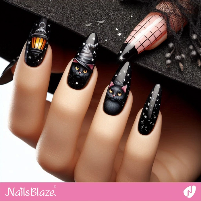 Cats in Witches' Hat Nail Design for Halloween | Halloween Black Cat Nails - NB5777